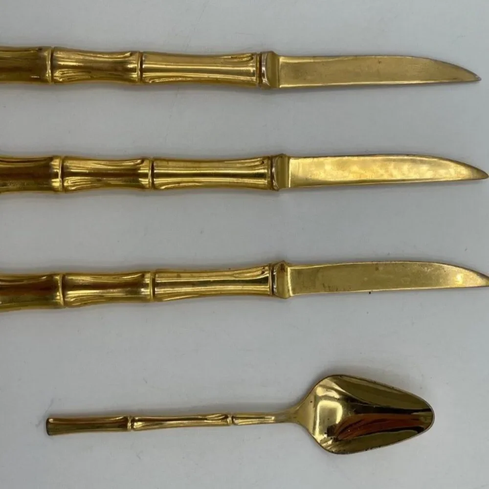 Vtg Supreme Cutlery Japan Cocktail Flatware Stainless Gold Faux Bamboo Handle